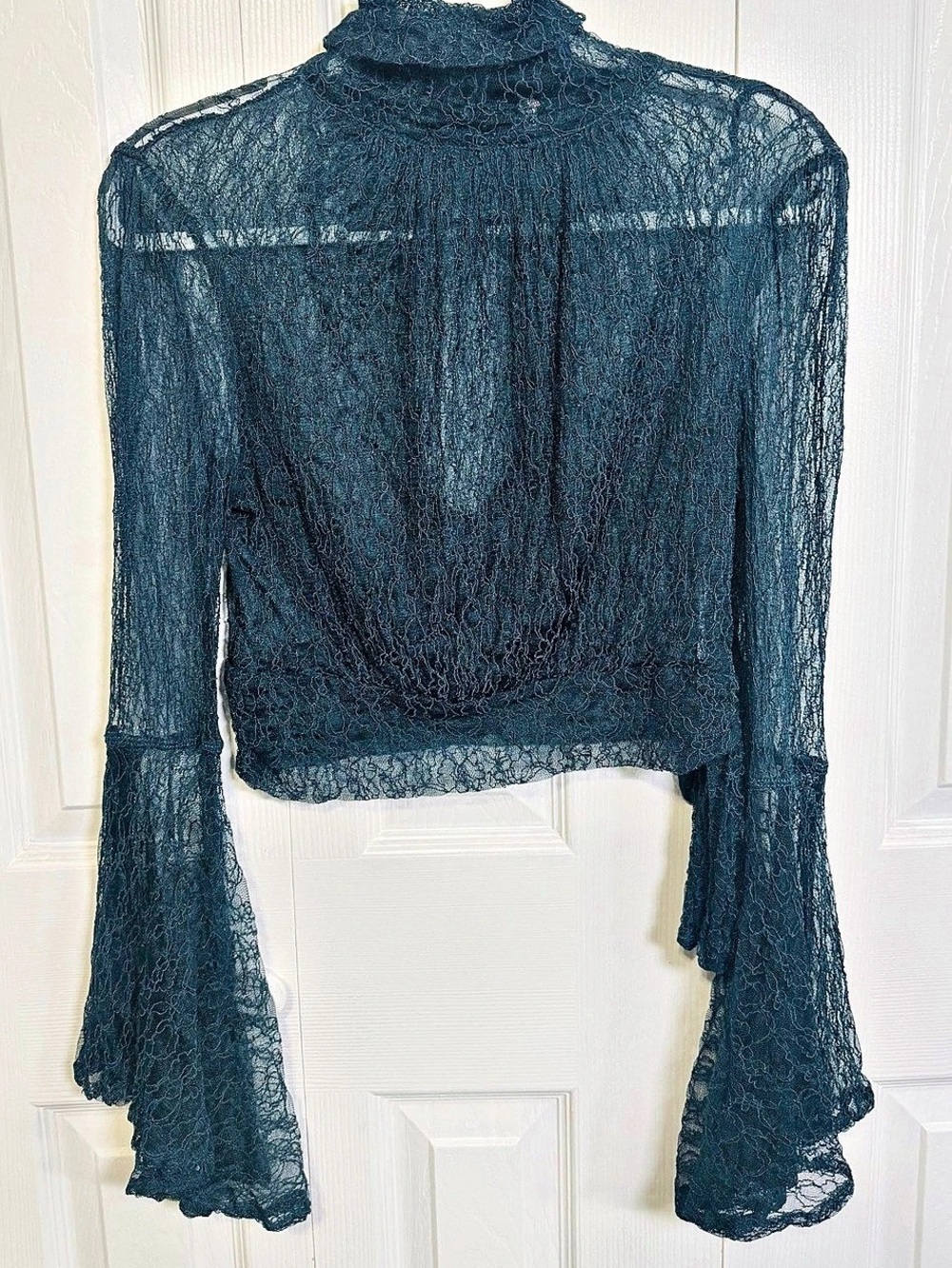 Free People Turquoise Sheer Lace Open Back Bell Sleeve Top